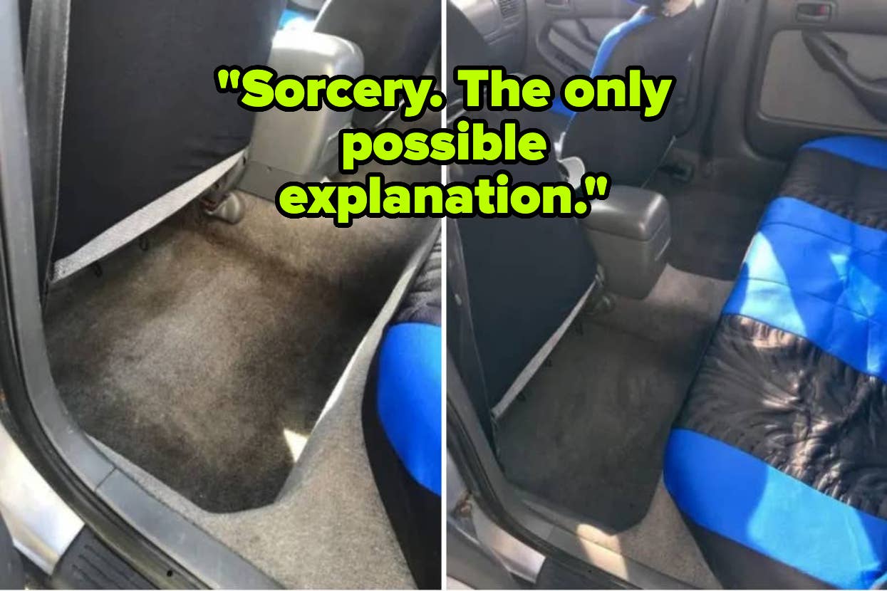 reviewer's car interior before and after cleaning with a humorous text overlay commenting on the clean state of the floor mat