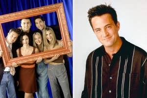Promotional image with Friends cast holding a frame and solo photo of Matthew Perry