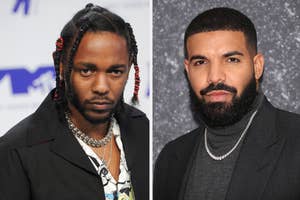 Kendrick Lamar in a black suit with braided hair, Drake in a black turtleneck and chain. Both at separate events