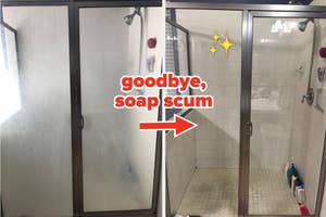 Before and after of a shower door, left side obscured by soap scum, right side clean with caption "goodbye, soap scum."