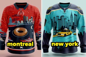 Two themed hockey jerseys representing Montreal and New York with city landmarks and symbols