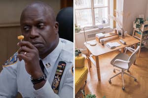 On the left, Captain Holt from Brooklyn Nine Nine holding a toothpick with cheese on it, and on the right, a tidy home office with lots of natural light