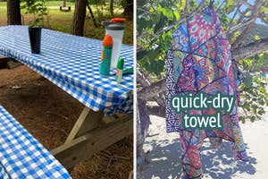 picnic table with cover on table and benches, printed microfiber beach towel on tree branches on beach