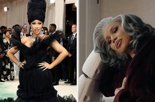 Two images: Left shows a person in an elaborate black outfit with a tall headpiece. Right shows a person resting their head against a car window
