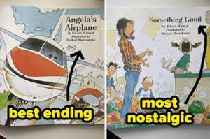 Two book covers by Robert Munsch, titled "Angela's Airplane" and "Something Good," with handwritten labels "best ending" and "most nostalgic."