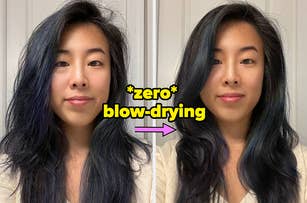 model before and after using a hair product with zero blow-drying, with the after photo showing smooth, frizz-free hair