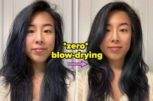 model before and after using a hair product with zero blow-drying, with the after photo showing smooth, frizz-free hair