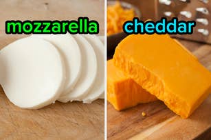 On the left, some mozzarella, and on the right some cheddar