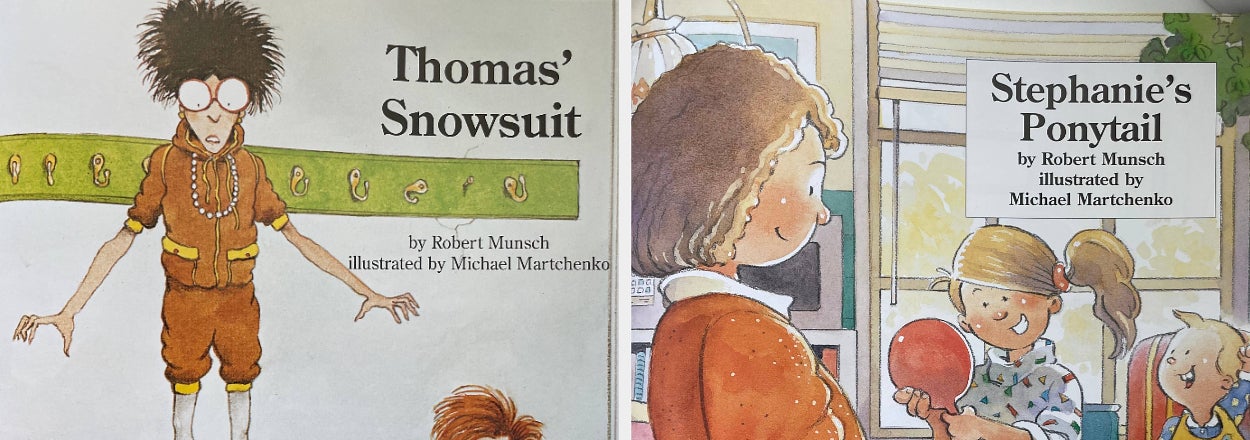 Two side-by-side children's book covers by Robert Munsch, left titled "Angela's Airplane" and right "Something Good," with superimposed text "best ending" and "most nostalgic."