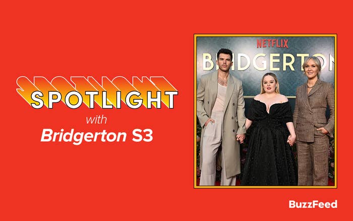 &quot;Netflix Spotlight poster with three Bridgerton S3 actors standing against a red background, dressed in character.&quot;