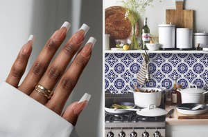 Hand displaying long French manicure and a stylish kitchen setup
