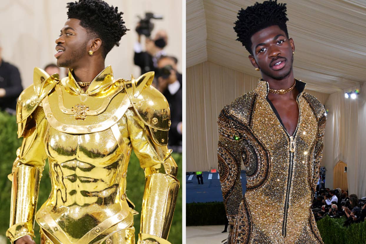 Lil Nas X in a golden armor outfit and a glittery gold jacket at Met Gala
