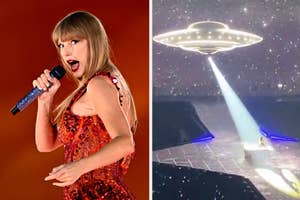 Singer in sequined outfit performing onstage; adjacent image of UFO shining beam on stage as part of show