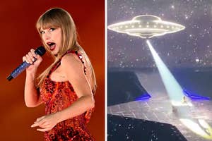 Singer in sequined outfit performing onstage; adjacent image of UFO shining beam on stage as part of show