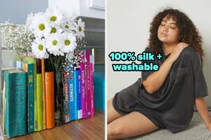 flowers in a book shaped vase / model in a gray 100% silk washable PJ set