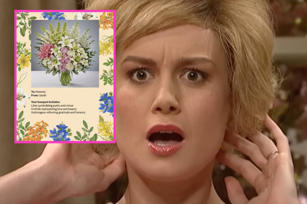 Woman looking shocked with inset of a humorous floral sympathy card for loss of internet service