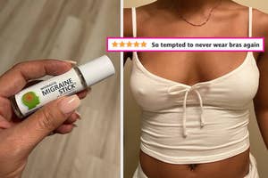 reviewer holding a migraine stick / reviewer showing a nipple cover being used under their tank