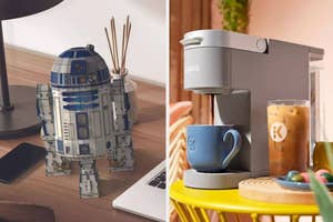 R2-D2 model kit puzzle; a Keurig single-serve coffee maker next to a cup of iced coffee on a table