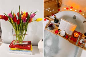 tulips in a transparent book shaped vase / a bathtub caddy filled with supplies