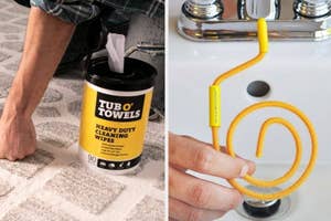 Person using Tub O' Towels cleaning wipes on carpet and a close-up of wipe cleaning faucet