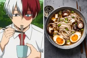 Animated character with white and red hair eating noodles; bowl of ramen with egg, mushrooms, and greens
