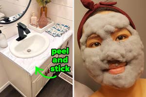 peel and stick marble wallpaper on a bathroom sink / reviewer with a bubbly clay mask on