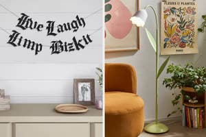 Wall art saying "Live Laugh Limp Bizkit" beside cozy decor; Trendy lamp and plant beside a vintage-style Paris poster in a room