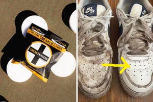 Before-and-after of a dirty sneaker cleaned with Sneaker Eraser product, displayed next to the package