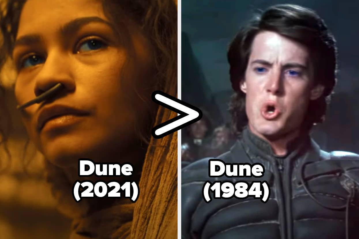 Side-by-side comparison of characters from films "Dune (2021)" and "Dune (1984)"
