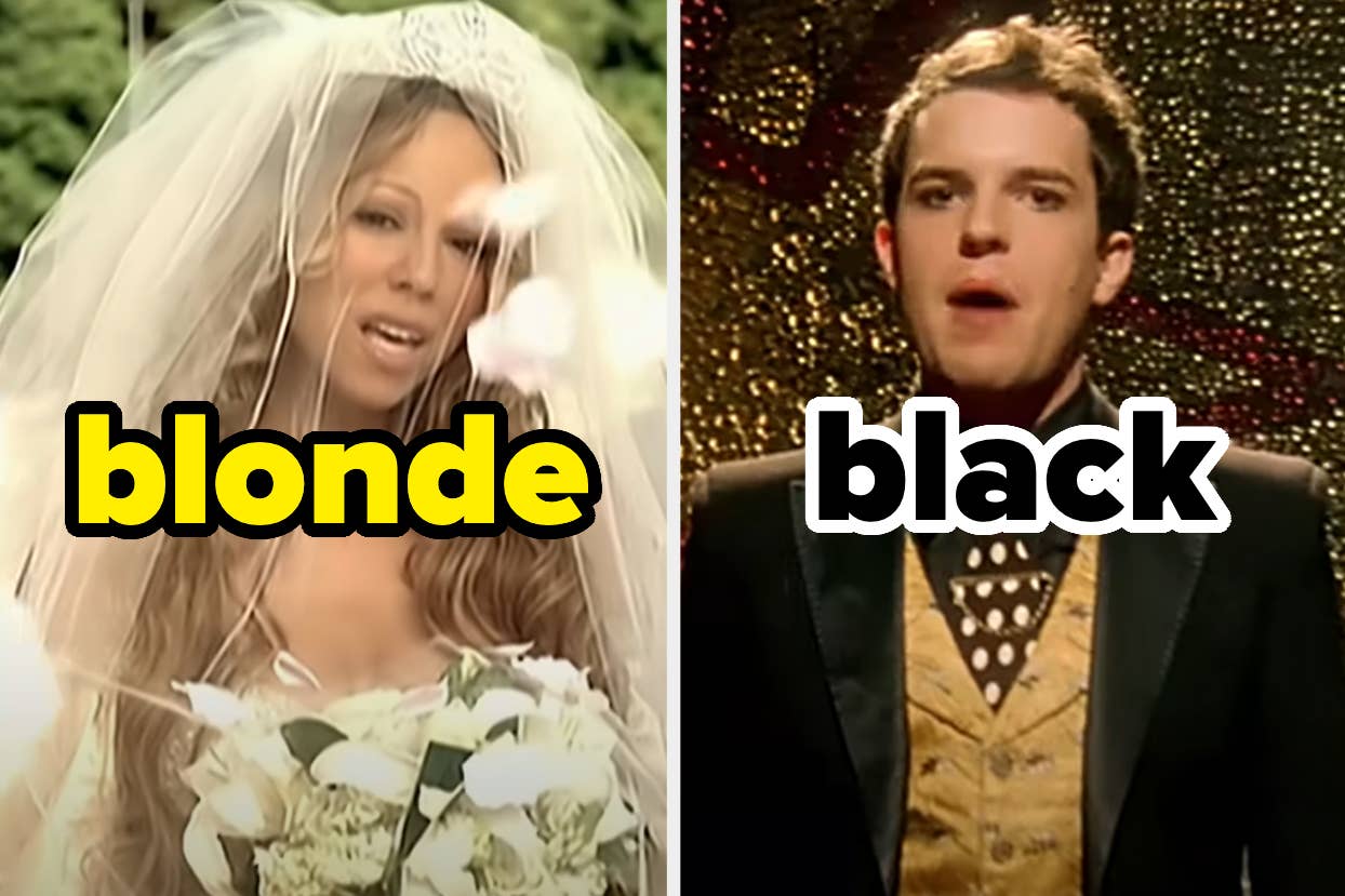 On the left, Mariah Carey in the We Belong Together music video labeled blonde, and on the right, the Killers in the Mister Brightside music video labeled black