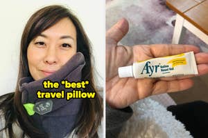reviewer wearing a neck pillow that props up their neck / reviewer holding Ayr Saline Nasal Gel tube