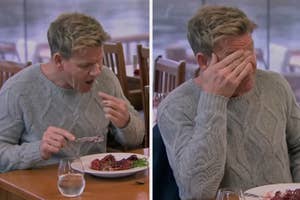 Gordon Ramsay tastes food and then looks displeased, covering his face with his hand at a dining table