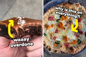 Left: brownie with caramel. Right: Close-up of a pizza with text expressing dismay at a topping