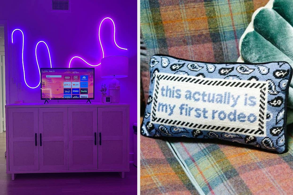 squiggly light strip on a wall behind a TV; decorative pillow with text "this actually is my first rodeo" on a plaid background