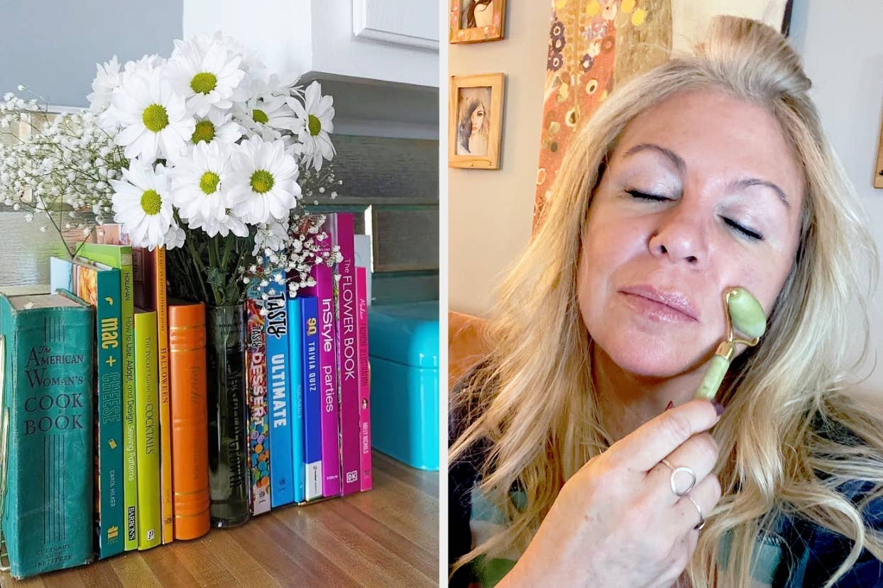 fresh flowers in a book shaped vase / reviewer using a jade roller on their face