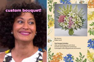 Woman smiling, text "custom bouquet!" next to a floral arrangement image with a description card from Sarah