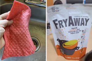Person holding a swedish dishcloth, FryAway packet, a cooking oil solidifier for easy disposal