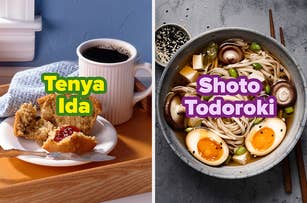 Left: coffee and muffin with 'Tenya Iida' text. Right: noodle soup with 'Shoto Todoroki' text