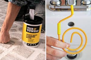 Person using Tub O' Towels cleaning wipes on carpet and a close-up of wipe cleaning faucet