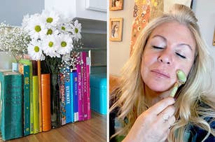 fresh flowers in a book shaped vase / reviewer using a jade roller on their face