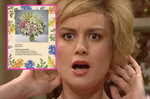 Woman looking shocked with inset of a humorous floral sympathy card for loss of internet service