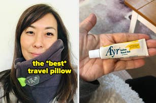 reviewer wearing a neck pillow that props up their neck / reviewer holding Ayr Saline Nasal Gel tube