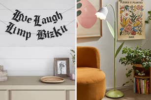 Wall art saying "Live Laugh Limp Bizkit" beside cozy decor; Trendy lamp and plant beside a vintage-style Paris poster in a room