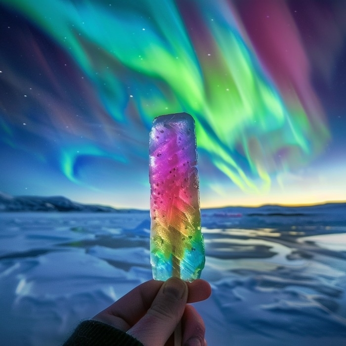 Hand holding a crystal with northern lights visible in the sky above snowy terrain