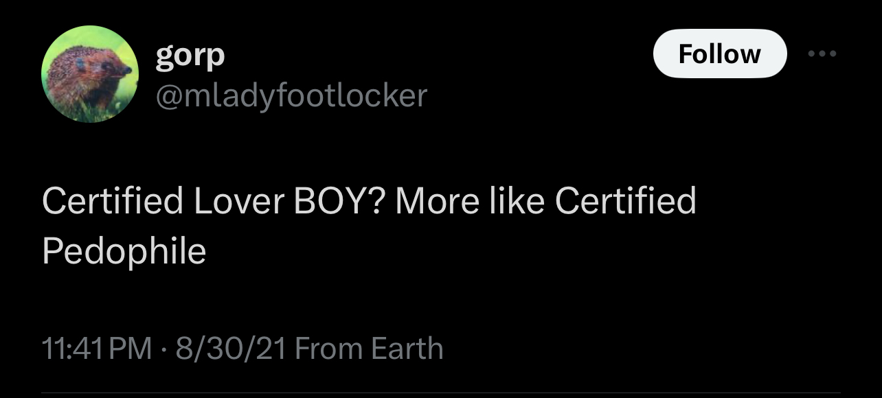 The image shows a tweet criticizing a person by changing the phrase &quot;Certified Lover Boy&quot; to &quot;Certified Pedophile.&quot;