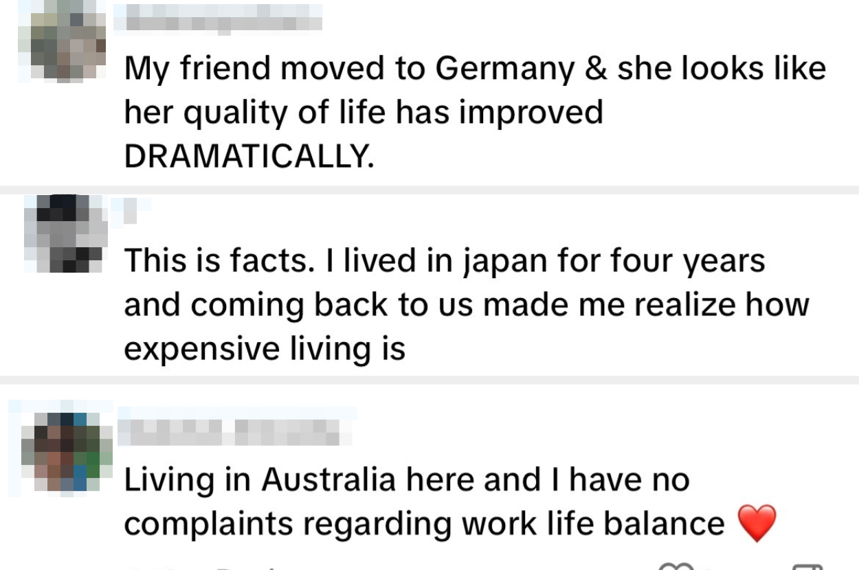 Three blurred social media posts discussing improved lifestyles in Germany, Japan, and work-life balance in Australia