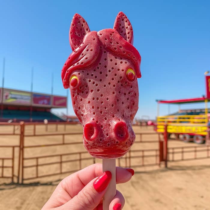 Red horse-shaped popsicle held in front of a hand with matching nail polish; background features an outdoor setting
