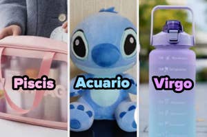 Tres objetos representan signos del zodiaco: una caja rosada para Piscis, peluche de Stitch para Acuario, botella para Virgo