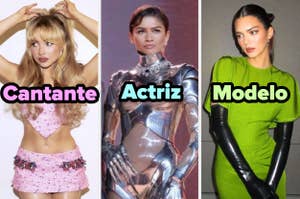 Tres celebridades en distintos atuendos con las palabras "Cantante", "Actriz", "Modelo" sobre ellas