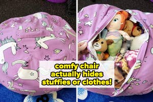 a bean bag that is filled with reviewer's stuffed animals "comfy chair actually hides stuffies or clothes"